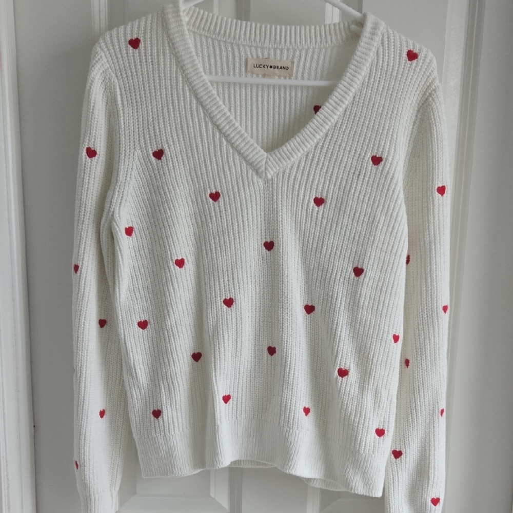 Lucky Brand V-Neck Sweater with Red Heart Accents